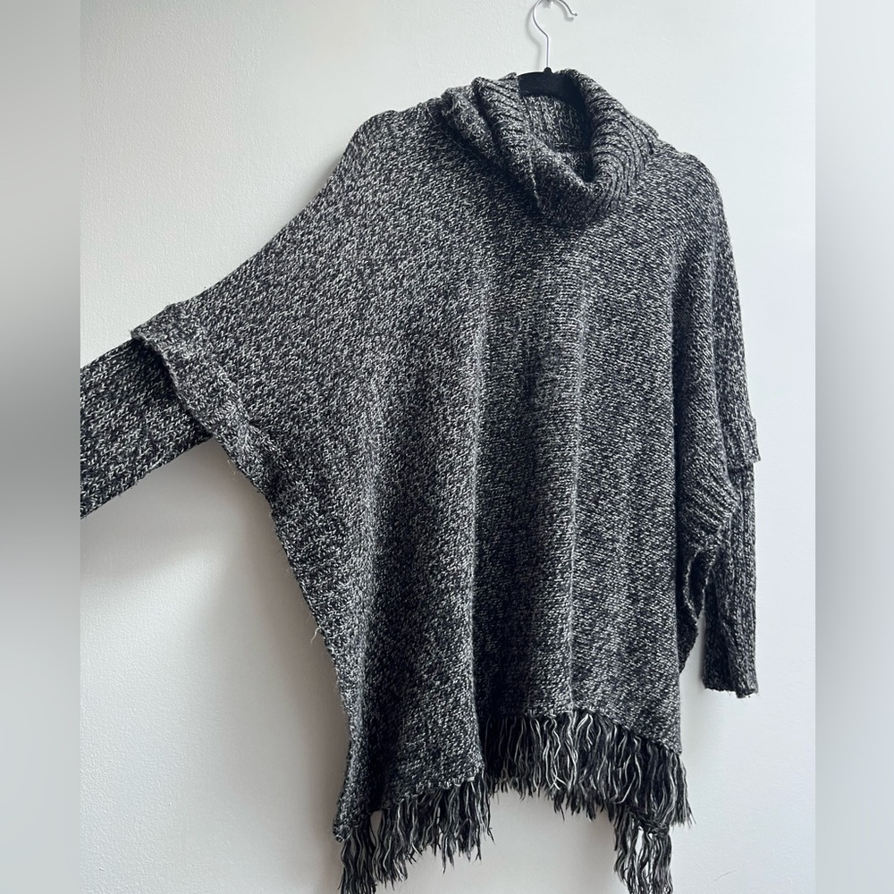 Gray Poncho Turtleneck Knit Sweater